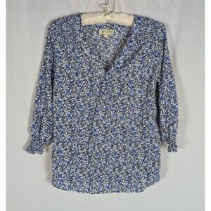Cynthia Rowley Blouse S Women's Blue Floral Vneck 3/4 Sleeve Banded Cuffs